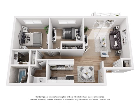 Floor plan for 2 beds, 1 bath, 875 sqft